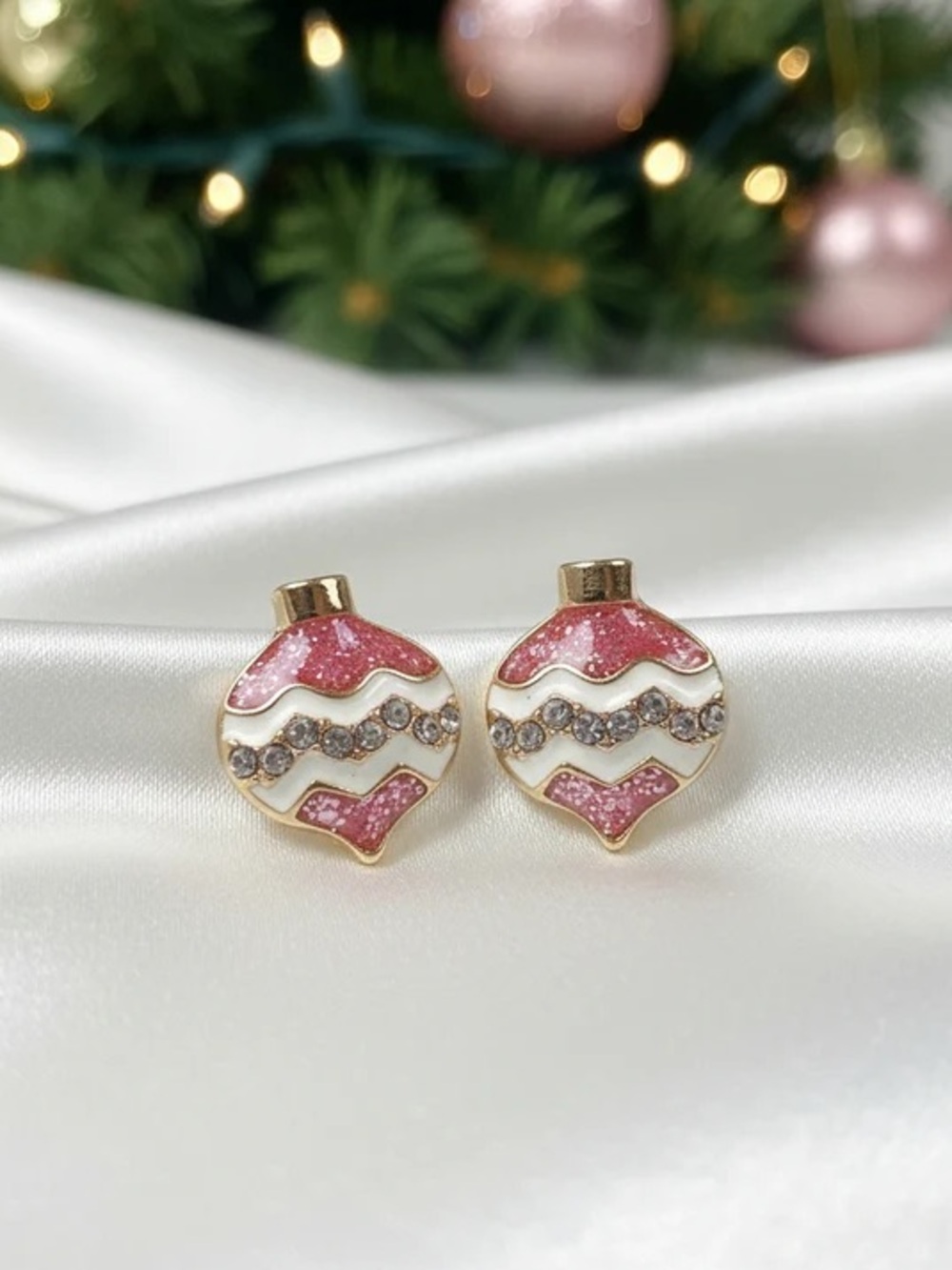 Pink Holiday Ornament Stud Earrings